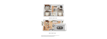 A floor plan of a two-story house with a car parked in the garage.